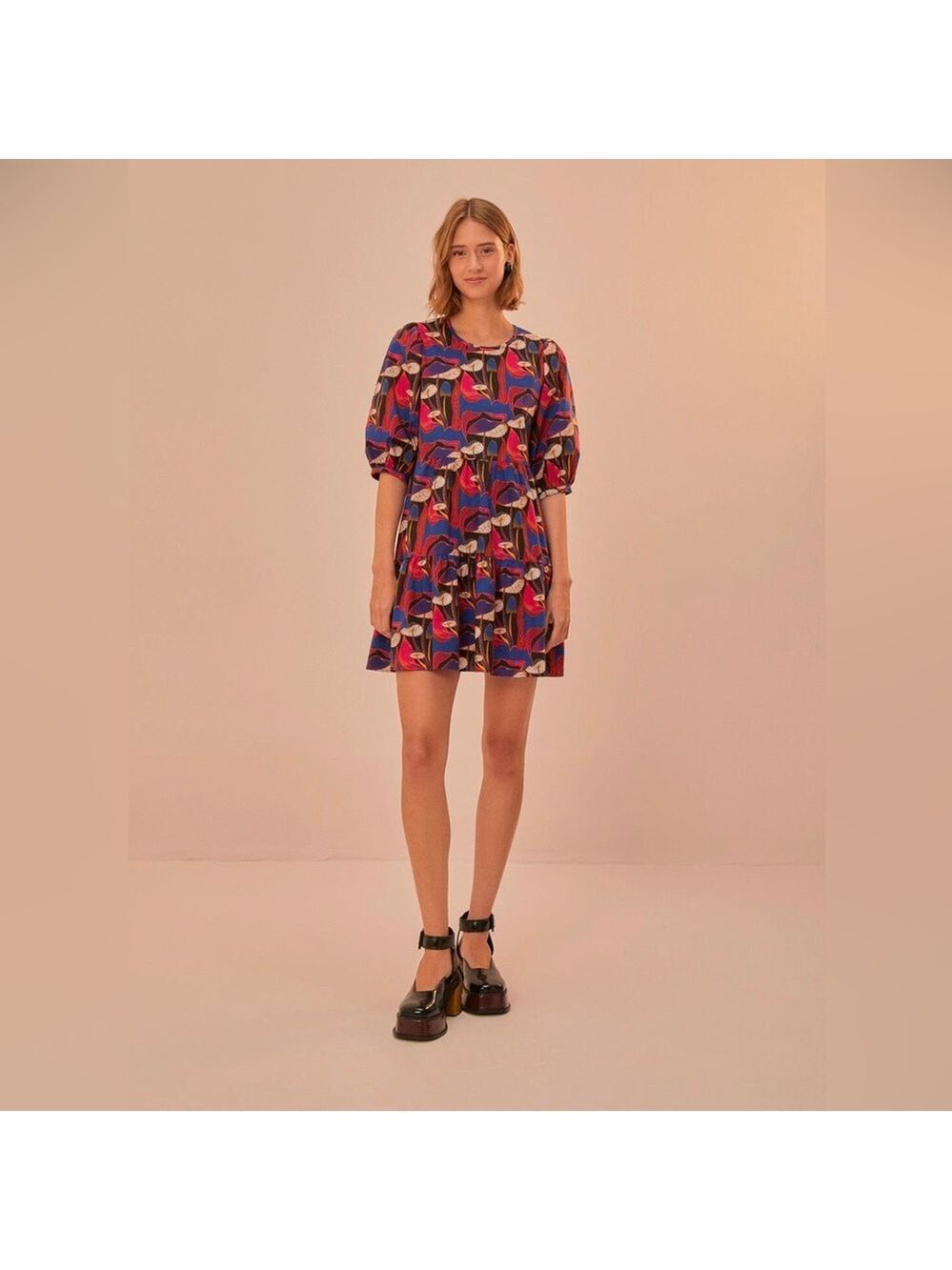 Farm Rio Wild Mushrooms Black Puff Sleeve Mini Dress